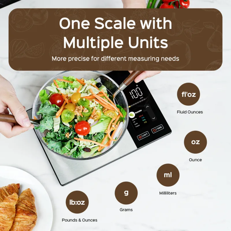 Smart Kitchen Scale Stainless Steel Food Calorie Protein Fat Carbs Nutritional Calculator 11LB/5kg Weight for Healthy Cooking