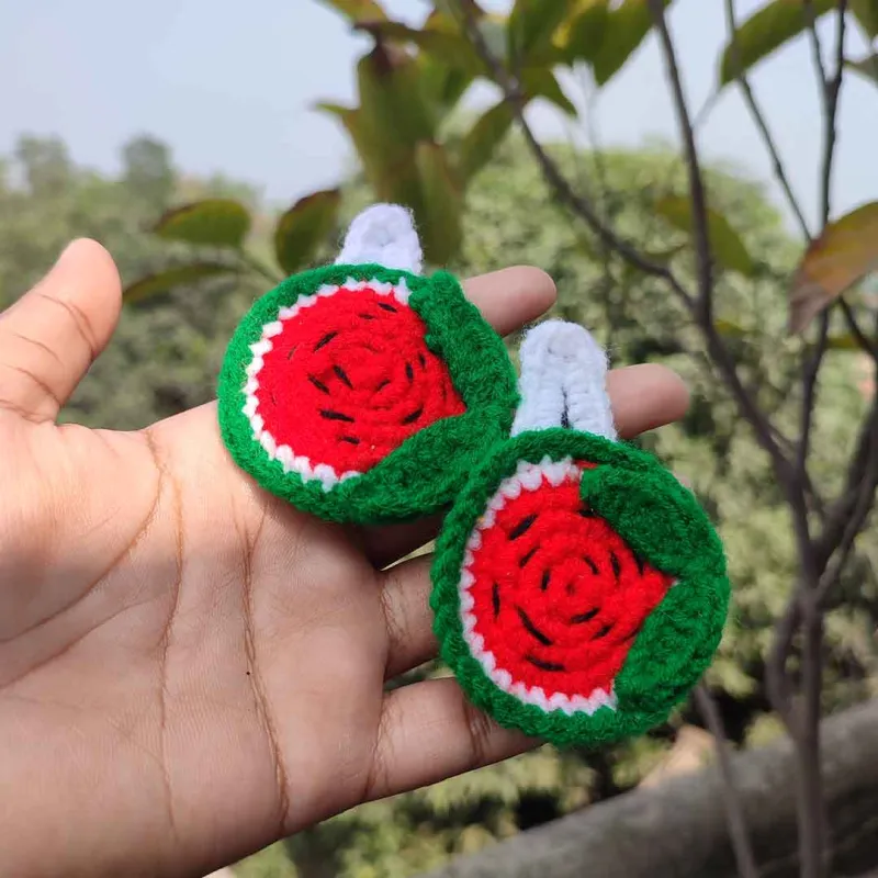 কোডঃ WM02; Handmade Crochet Watermelon Hair Clips (1 Pair) 🍉🌿