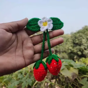 কোডঃ TWM14; Handmade Crochet Strawberry Dangle Hair Band/Rubber (1 Piece)🍓🌿