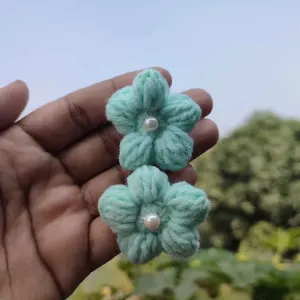 কোডঃ SS23; Handmade Crochet Pearl Flower Hair Band/Rubber (1 Pair) 🌿🌸