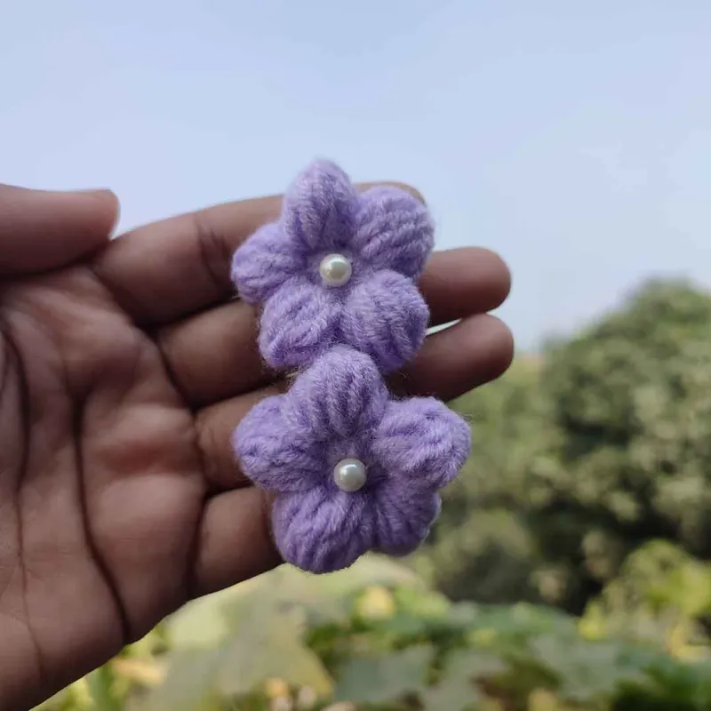 কোডঃ SS22; Handmade Crochet Pearl Flower Hair Band/Rubber (1 Pair) 🌸💜