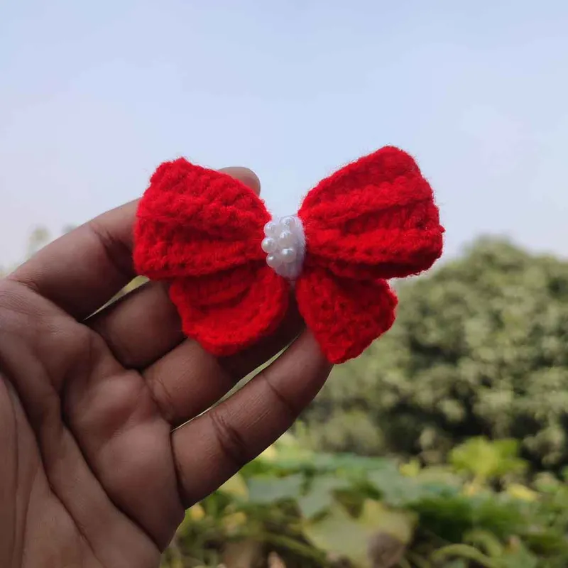 কোডঃ BSP07; Handmade Crochet Red Bow Pearl Hair Band/Rubber (1 Piece) 🎀❤️