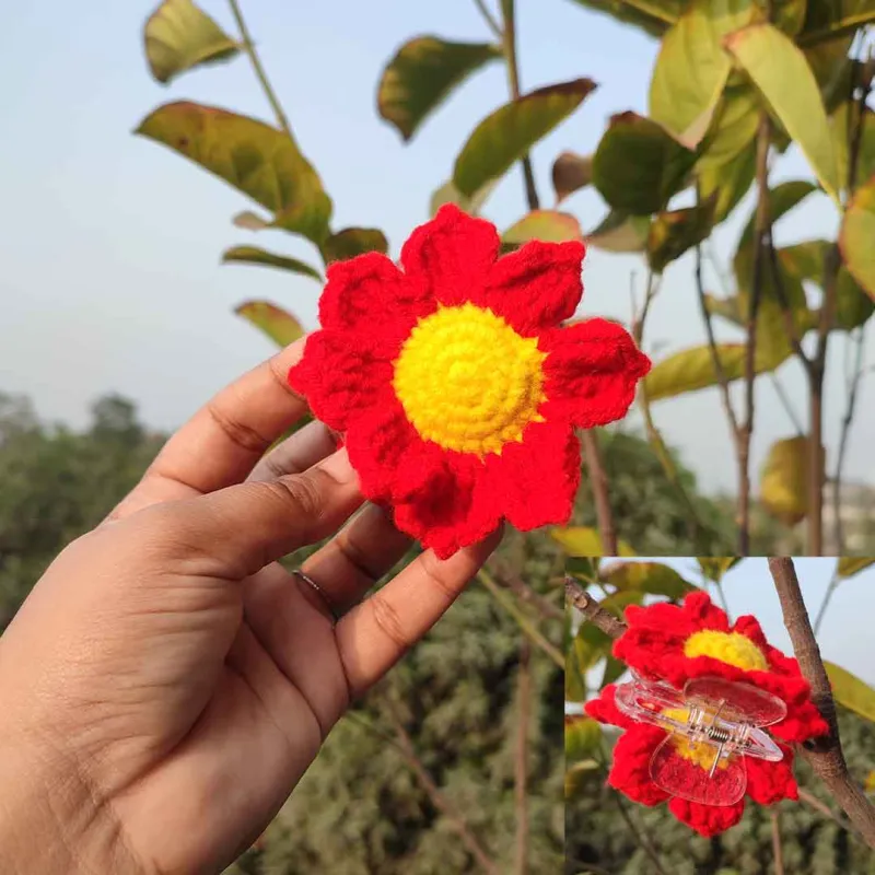 কোডঃ SFK33; Handmade Crochet Red Blossom Kakra Band/Punch Clip 🌺✨