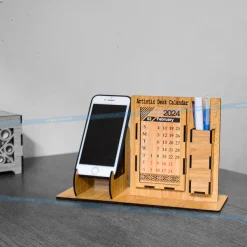 Elegant Wooden Desk Calendar with Mobile & Pen Holder